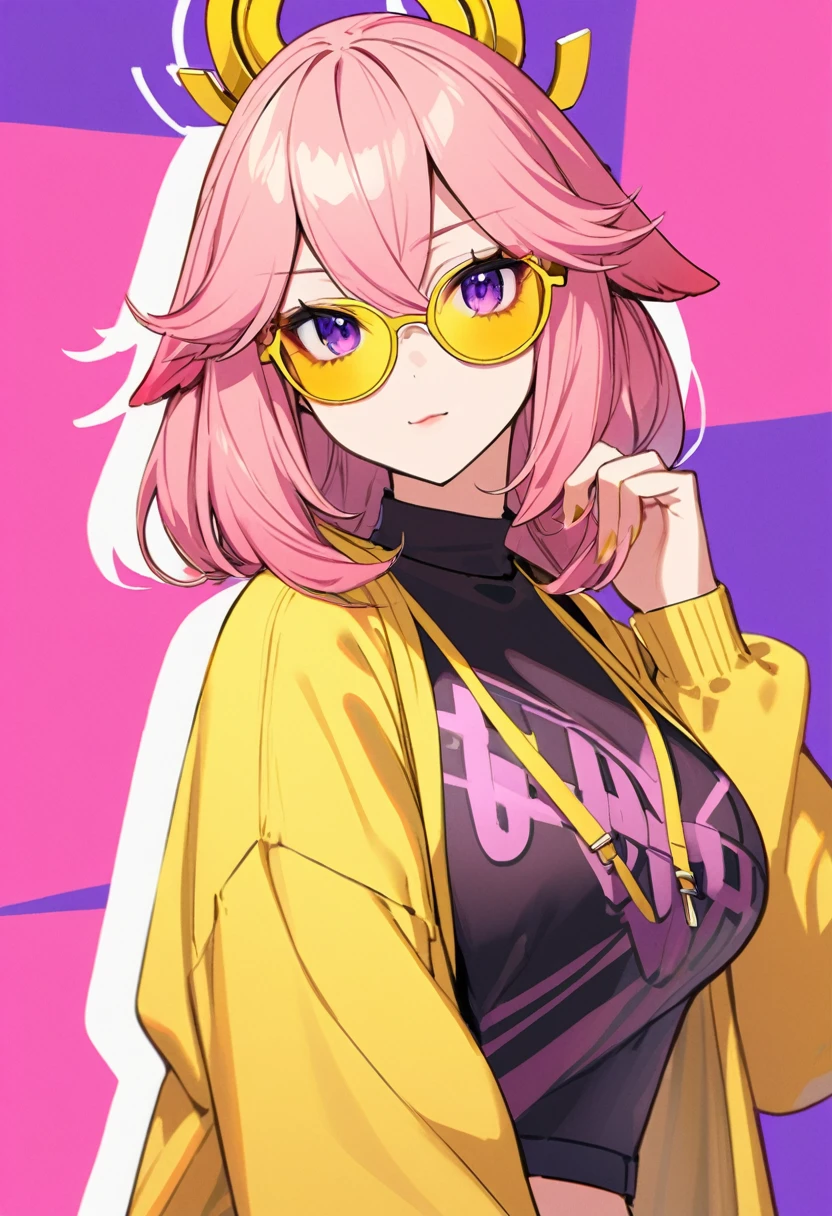 yae miko wearing stylish yellow sunglasses, background, Pink Hair, Purple Eyes