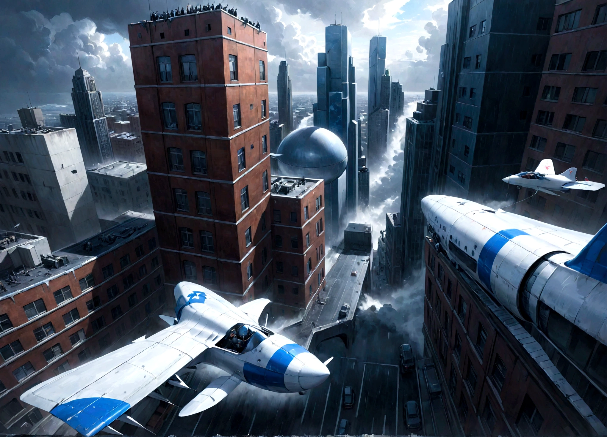 A dramatic and cinematic scene viewed from the side, inspired by the art styles Rick Owens. It features a large plane, prominently displayed as it struggles through severe weather, aiming for the sky. Below the plane, viewed from above, is a densely packed urban landscape dominated by apartment buildings that stretch far into the horizon. The entire image is rendered in shades of blue and white, echoing the corporate colors of the fictional Самолет company. This tableau blends hyperrealism with the surreal, dreamlike qualities of Chagall’s paintings, creating a visually striking and unique urban scene. -