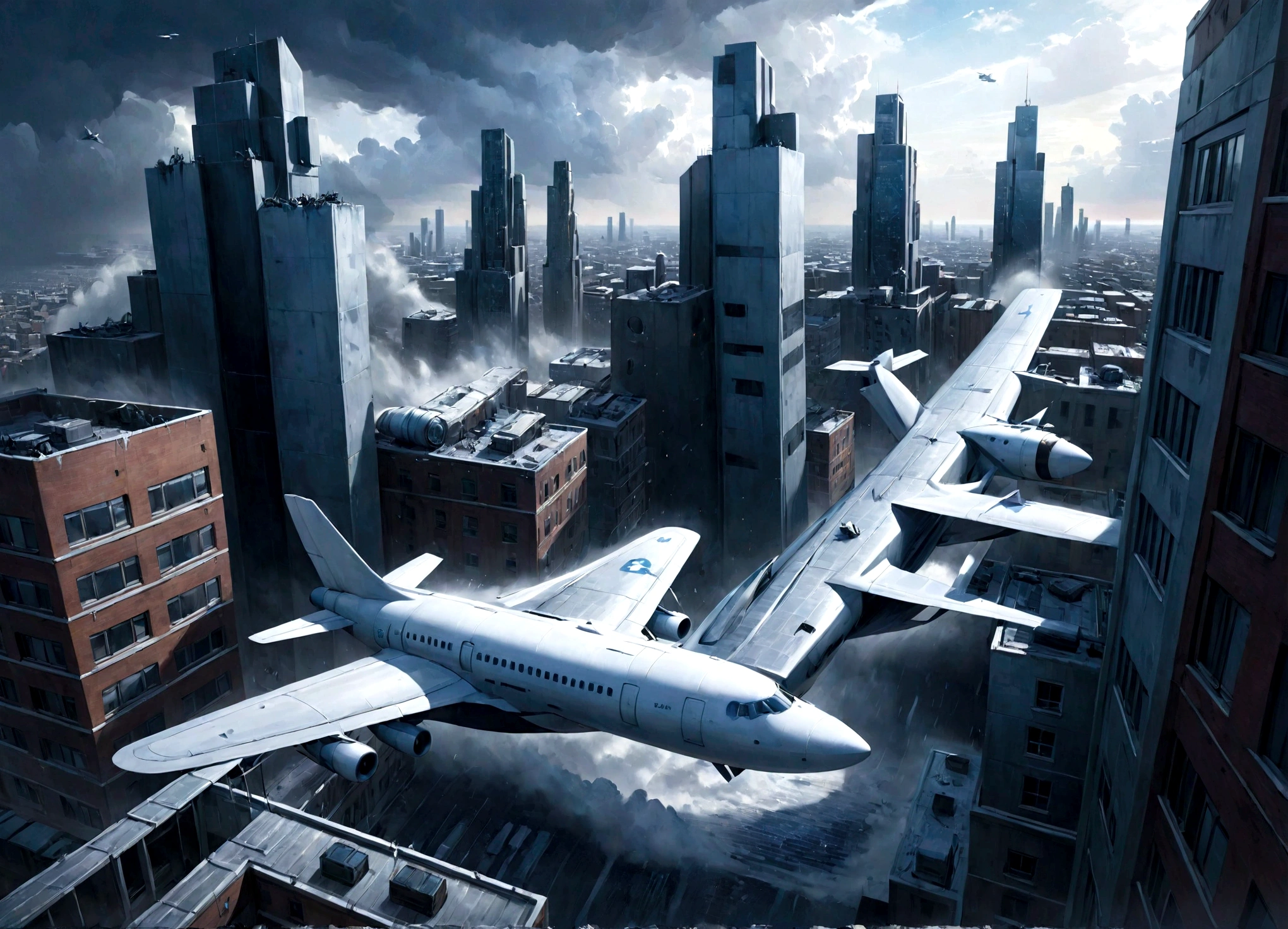 A dramatic and cinematic scene viewed from the side, inspired by the art styles Rick Owens. It features a large plane, prominently displayed as it struggles through severe weather, aiming for the sky. Below the plane, viewed from above, is a densely packed urban landscape dominated by apartment buildings that stretch far into the horizon. The entire image is rendered in shades of blue and white, echoing the corporate colors of the fictional Самолет company. This tableau blends hyperrealism with the surreal, dreamlike qualities of Chagall’s paintings, creating a visually striking and unique urban scene. -