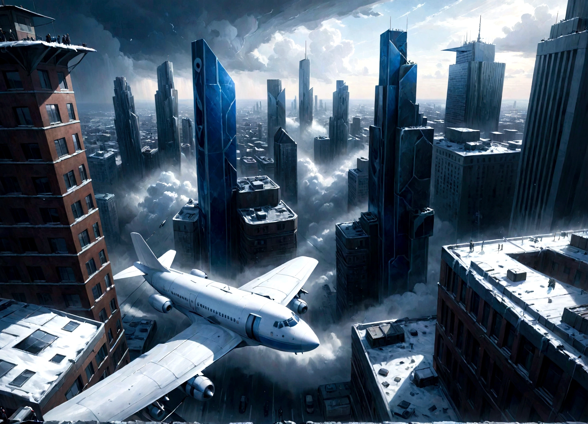 A dramatic and cinematic scene viewed from the side, inspired by the art styles Rick Owens. It features a large plane, prominently displayed as it struggles through severe weather, aiming for the sky. Below the plane, viewed from above, is a densely packed urban landscape dominated by apartment buildings that stretch far into the horizon. The entire image is rendered in shades of blue and white, echoing the corporate colors of the fictional Самолет company. This tableau blends hyperrealism with the surreal, dreamlike qualities of Chagall’s paintings, creating a visually striking and unique urban scene. -