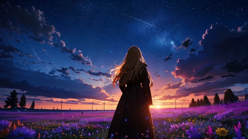 1people々,Blonde long-haired woman,Long coat, Dress Silhouette, Rear View,Space Sky, Flower Field,Colorful flowers