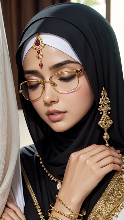 Beautiful square glasses sexy hijabi teen in tight white cloak, wearing golden indian bangle and bracelet, wearing golden necklace, wearing swiss polo golden watchbands, kissing a man, closed eyes, detailed horny face