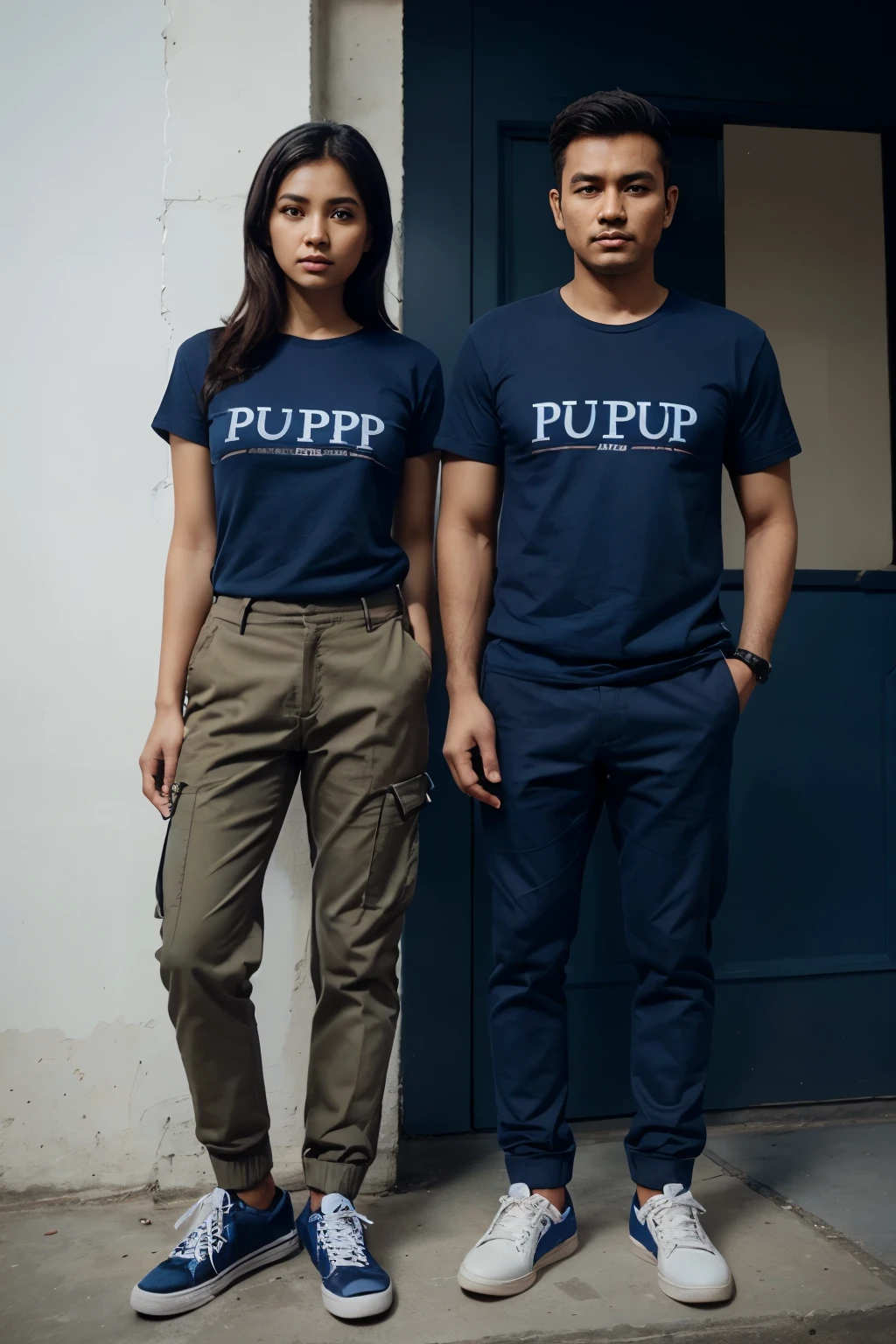 a man and a woman are standing wearing dark blue t-shirts with PPDP written on them and khaki trousers holding paper and pen and wearing shoes, on their right arms is the logo of the Indonesian KPU. 3D Animation