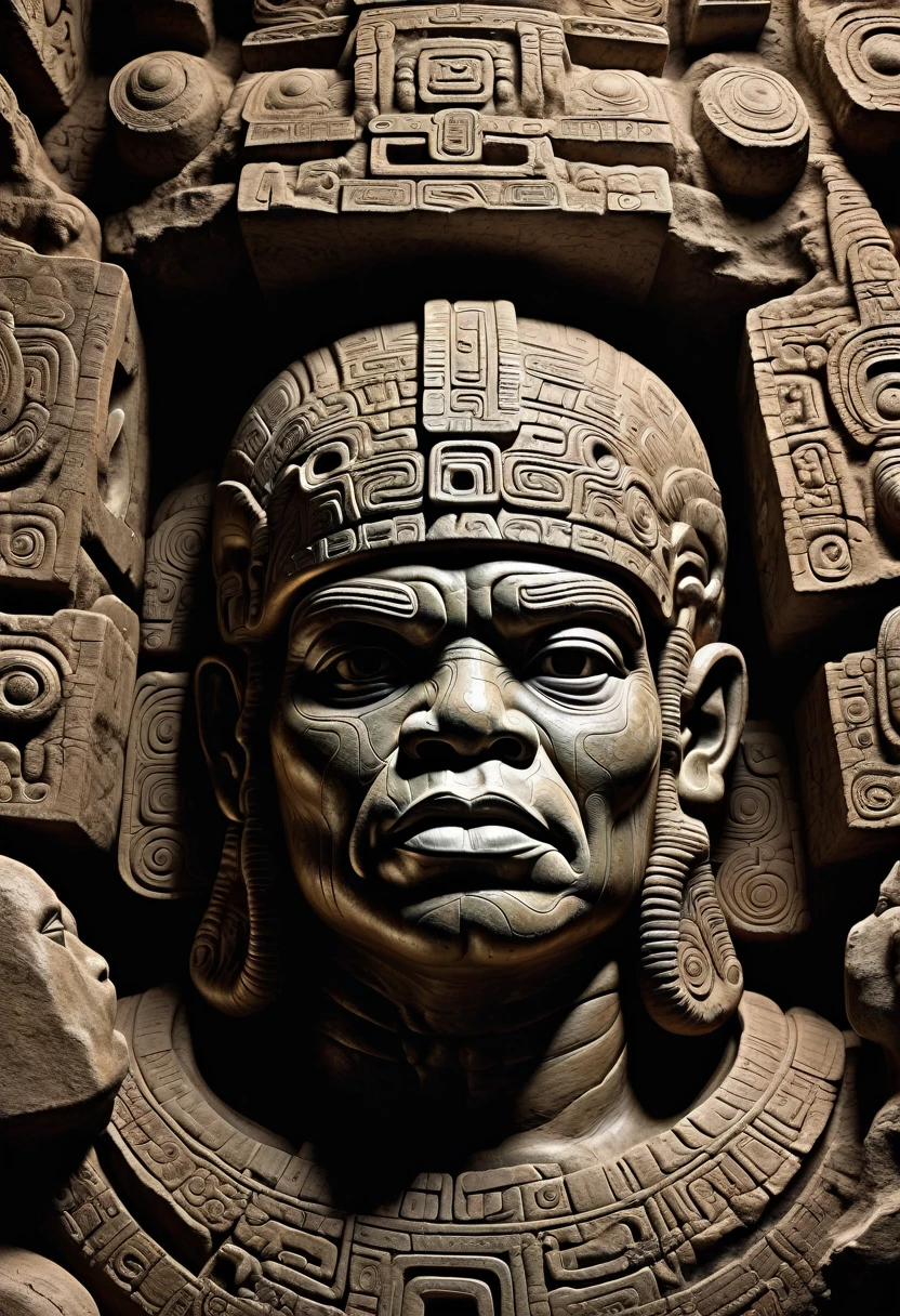 Olmec style, alien in bas-relief, hyperdetalization, post-processing, painting, high contrast, face detailing