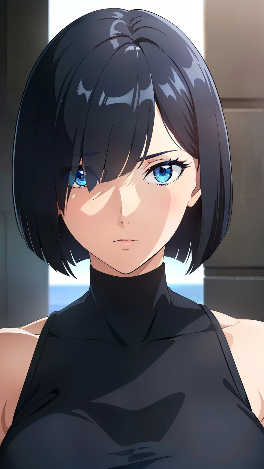 (best quality:1.5, highres, UHD, 4K, detailed eyes, detailed lighting, detailed hair, shaders), black hair, bob cut, hair covering one eye, cool woman, cool girl, sharp eyes, blue eyes, beautiful, large breasts, casual clothes, (pov, close shot, focus on the face)