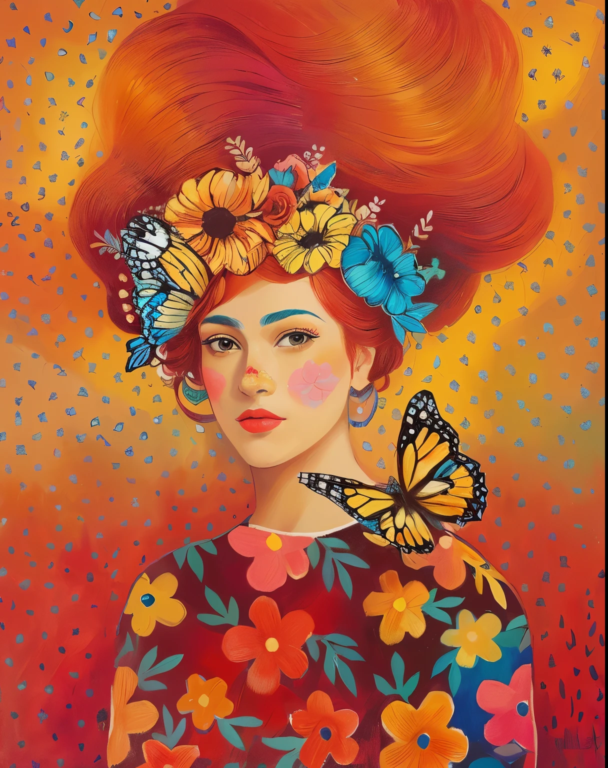 painting of a woman with a butterfly in her hair, whimsical portrait, girl with a flower head, inspired by Kahlo, colorfull illustration, inspired by Frida Kahlo, red haired girl, red haired goddess, woman in flowers, inspired by Penny Patricia Poppycock, inspired by Julia Pishtar, inspired by Tatiana Hordiienko, feminine portrait