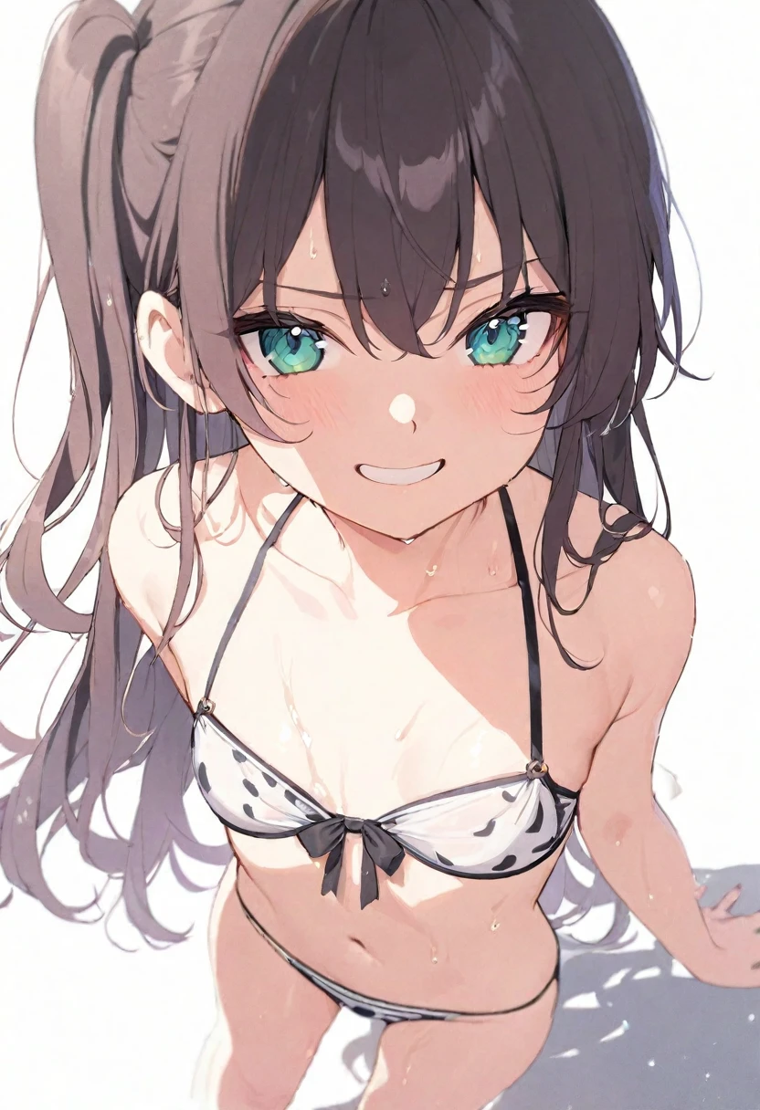 (masterpiece), (best quality), perfect face, beautiful girl, white background background, delicate and beautiful face and eyes, dark intense shadow,
1 girl, vtuber style, cool girl, hololive, Natsuiro Matsuri, bikini, wet body, small chest, cropped shoulders, clavicle, winking, smile, bare feet, chest visible through clothes, (full body), looking at viewer, standing,