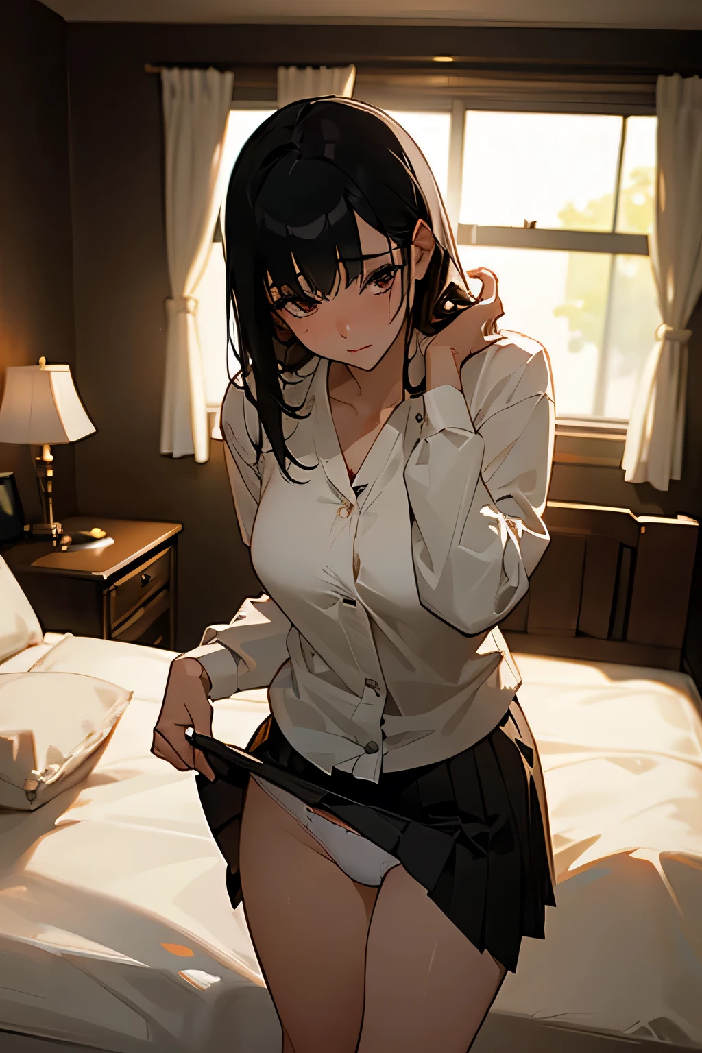 Erotic、Dimly lit bedroom、Esthetician woman、Black Hair、The woman is standing and her white panties are visible、Wearing a skirt、Pull up your skirt、Showing panties