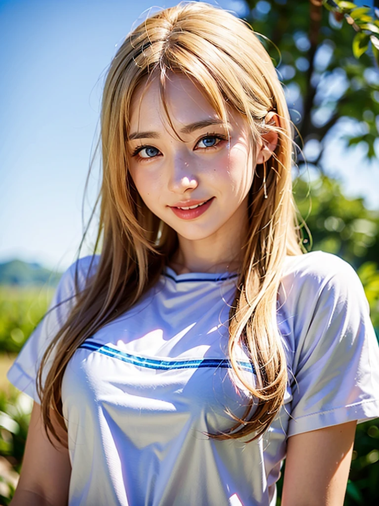 high resolution、Very beautiful woman、（Dasha Taran）、Thoughtful expression、Clear photos、Realistic photos、Blonde Hair、Blue Eyes、Beautiful Landscape、Angelic figure、Smiling kindly at the audience