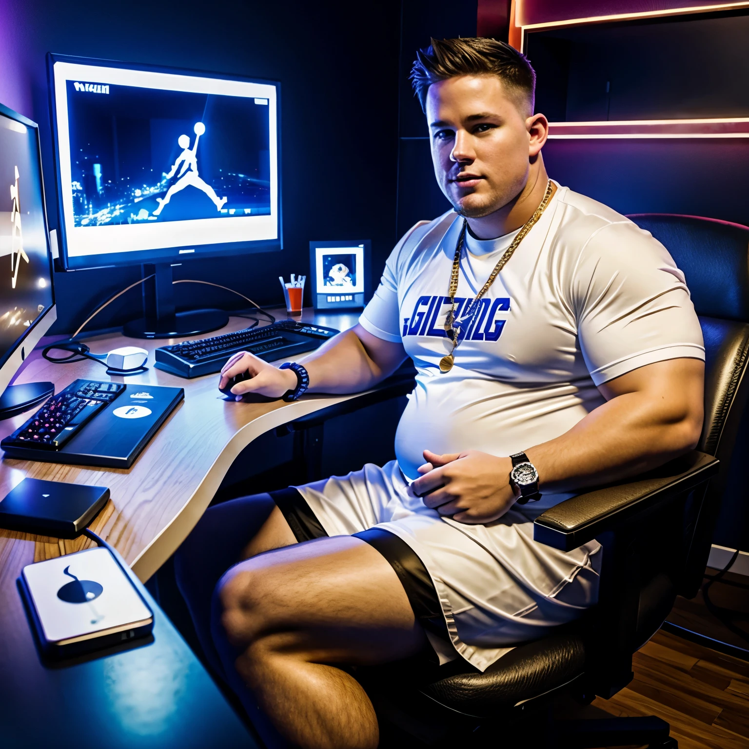 Photographic full body , morbidly obese young white male gamer Channing Tatum at 25 yo with brown undercut haircut, well shaved, in white shiny basketball shorts and jerseys, white Jordan long socks pulled up, white and red Nike Jordan hi-top sneakers, golden rings, necklaces, bracelets, attractive, with massive belly, slumped in his spaceship style chair , playing on his computer,all excited, in super-modern fanatic gamer's room with laser effects lights and lots of computer monitors on