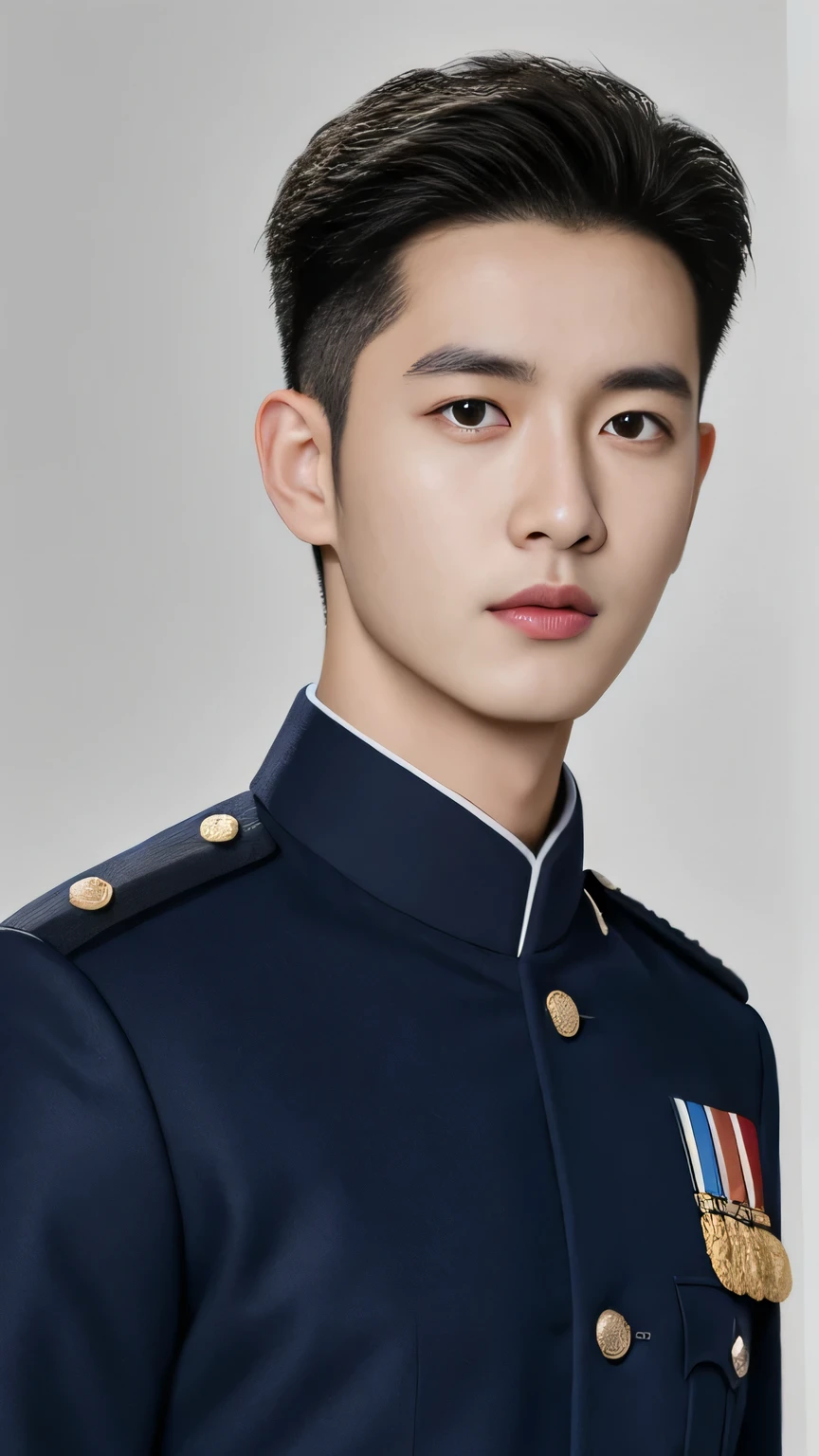 arafed man in a Uniform posing for a picture, wearing Uniform, wearing a Uniform, Uniform, military uniform, in Uniform, uniform, cai xukun, Embroidered uniform guard, Wearing military uniform, yanjun chengt, Wearing full uniform, officer uniform, Unified background, Wearing a general\of，White military uniform，Close-up photo，