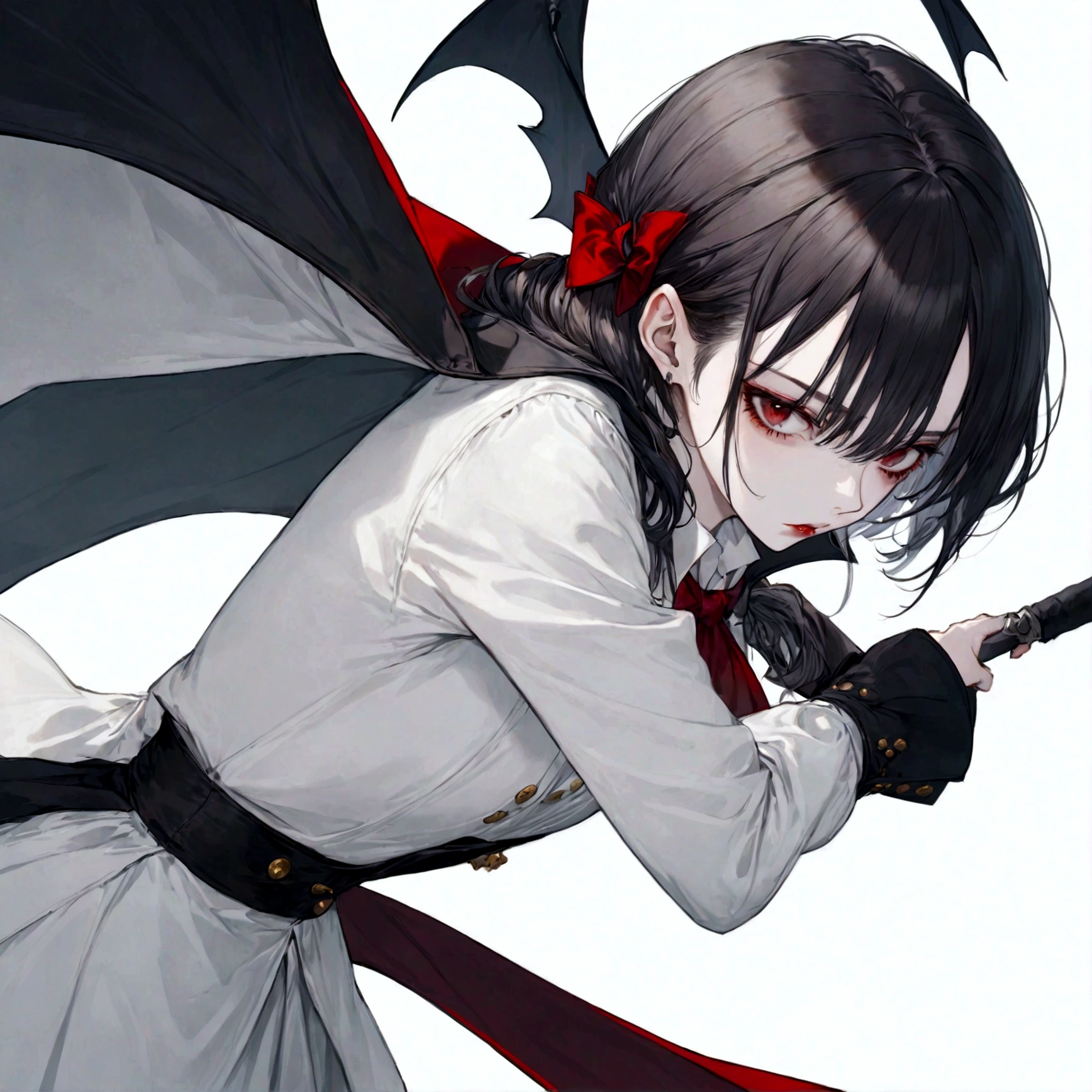 Draw a classy girl vampire hunter ,white plain background , vampire classy . only white background white everything