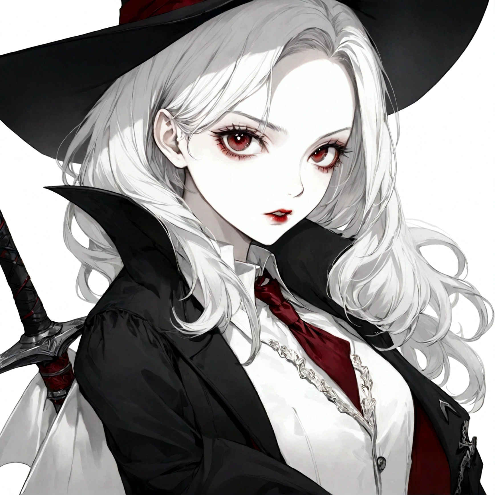 Draw a classy girl vampire hunter ,white plain background , vampire classy . only white background white everything