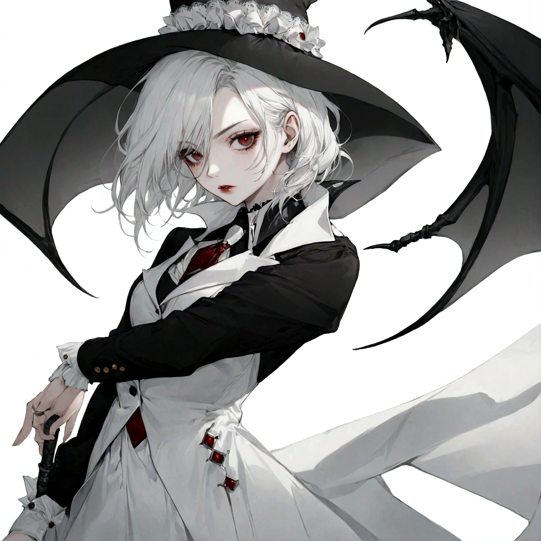 Draw a classy girl vampire hunter ,white plain background , vampire classy . only white background white everything