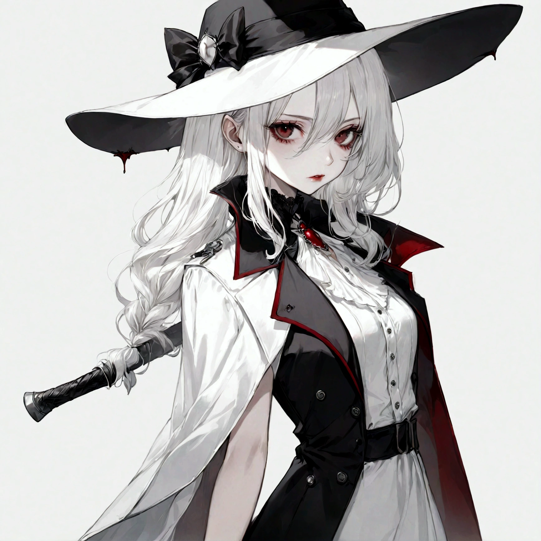 Draw a classy girl vampire hunter ,white plain background , vampire classy . only white background white everything