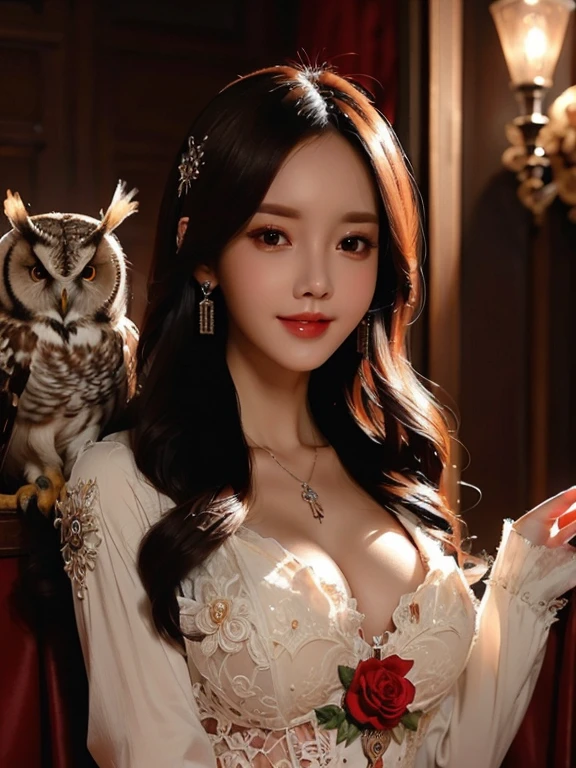 (Highest quality, masterpiece: 1,1), (busty with owl, dark eyes, bright smile, rose hair, illustration), painting, detailed, 8K