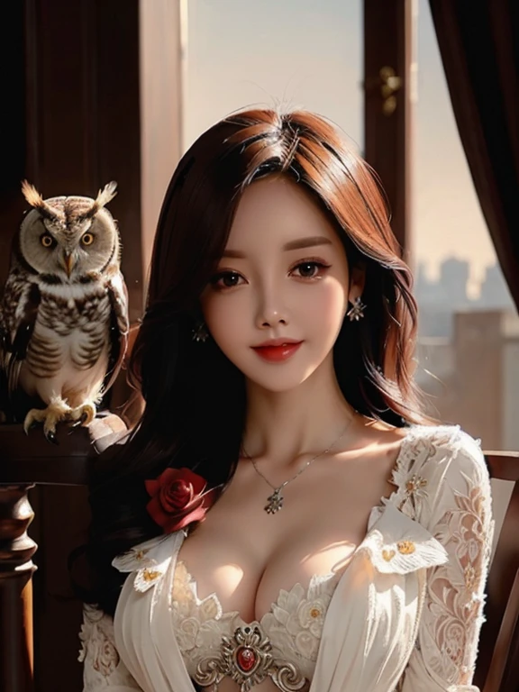 (Highest quality, masterpiece: 1,1), (busty  with owl, dark eyes, bright smile, rose hair, illustration), painting, detailed, 8K