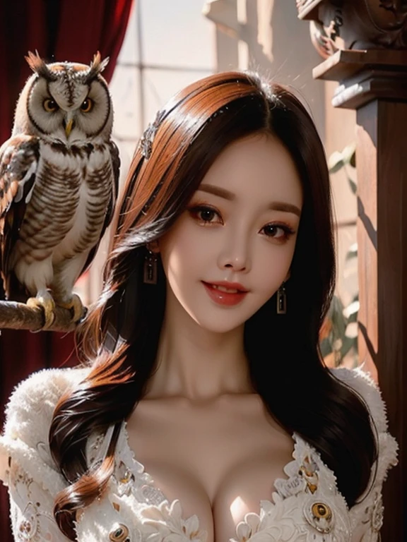 (Highest quality, masterpiece: 1,1), (busty  with owl, dark eyes, bright smile, rose hair, illustration), painting, detailed, 8K