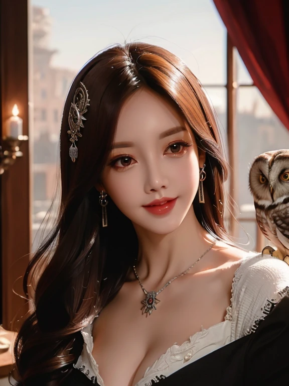 (Highest quality, masterpiece: 1,1), (busty  with owl, dark eyes, bright smile, rose hair, illustration), painting, detailed, 8K