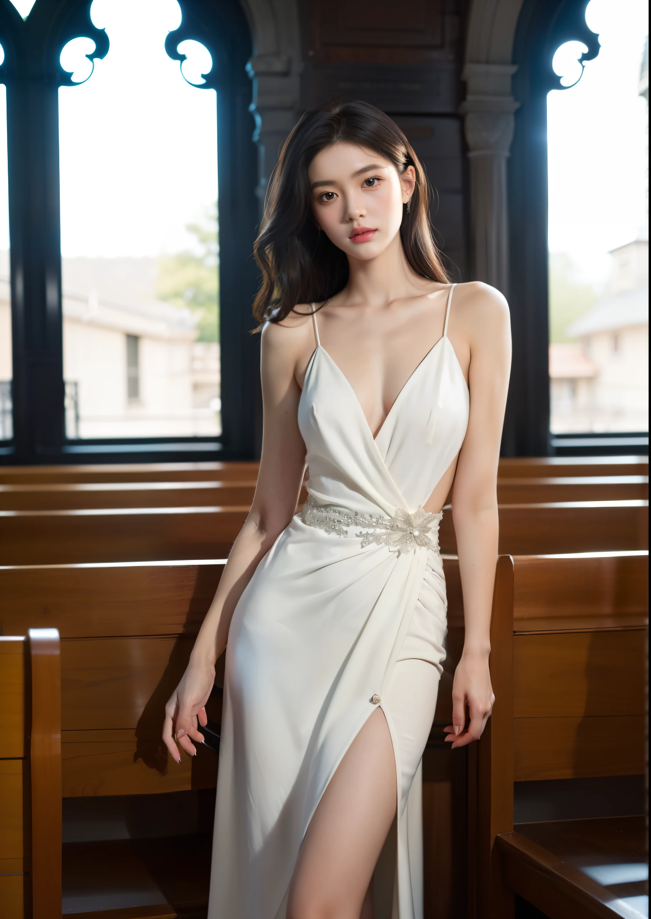 Beautiful 25 year old tall and slender woman。She is fashion model. She is staying in the old classic church. She is wearing a wedding dress that a leg is visible. She is illuminated by sunset light. the evening church lights is on . her dark brawn hair. High resolution、masterpiece、highest quality、頭w:1.0、((Hasselblad Photos))、fine skin、(movie lighting)、clavicle . full body picture.