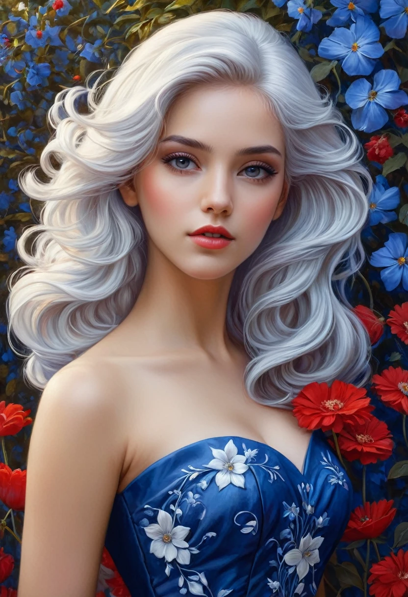 una mujer con cabello blanco y vestido azul con flores rojas, a photorealistic painting by Ignacio Zuloaga, tendencia en CGsociety, fantasy art, perfect pelo blanco , pelo blanco lady, gorgeous digital art, chica con pelo blanco, pelo largo plateado con una flor, hermoso cabello blanco, beautiful fantasy art portrait, pelo blanco, beautiful fantasy portrait, hermosa obra de arte digital