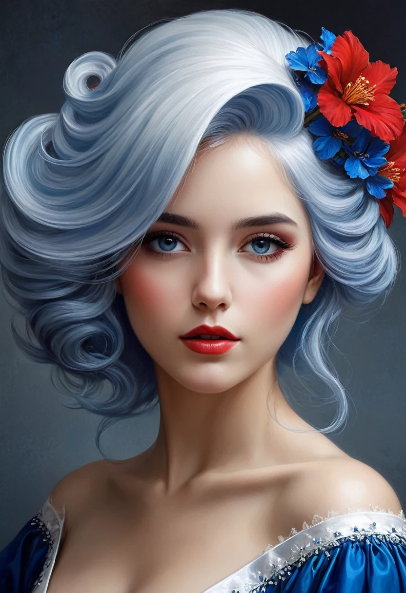 una mujer con cabello blanco y vestido azul con flores rojas, a photorealistic painting by Ignacio Zuloaga, tendencia en CGsociety, fantasy art, perfect pelo blanco , pelo blanco lady, gorgeous digital art, chica con pelo blanco, pelo largo plateado con una flor, hermoso cabello blanco, beautiful fantasy art portrait, pelo blanco, beautiful fantasy portrait, hermosa obra de arte digital