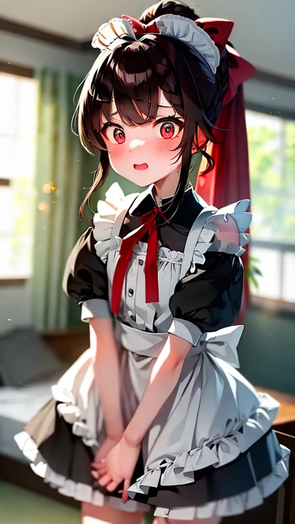 adulto, Cabello negro ondulado, mirada penetrante con ojos profundos de color rojo, estatura promedio, Silky hair with a ponytail hairstyle collected with a red bow with two white lines, tiene pechos medianos, primer plano, session, standing in the middle of his room [[[Risa malvada]]] , Sonrojada, muslos grandes, maid, sirvienta  