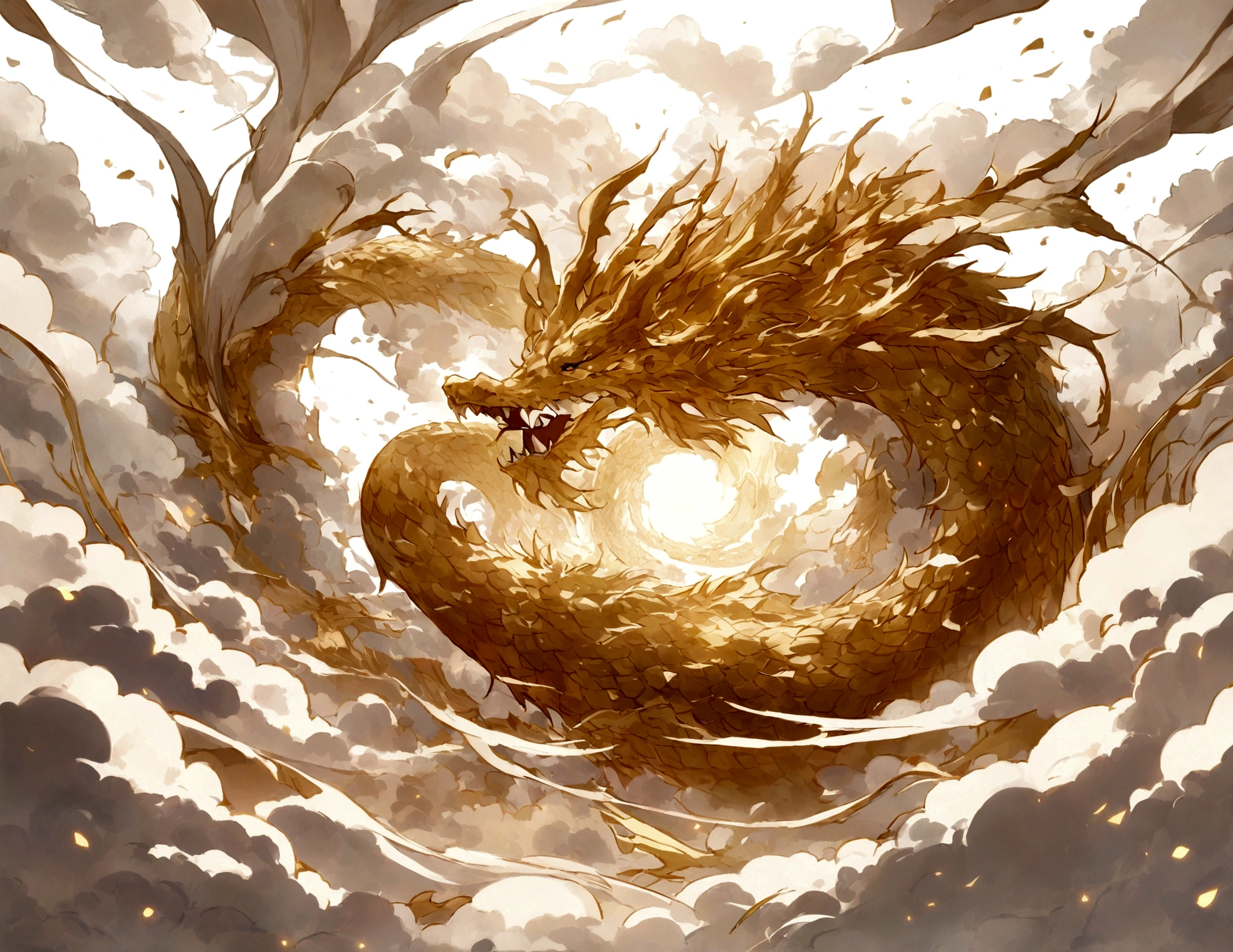logo、masterpiece、(White background:1)、Golden Chinese dragon surrounded by white clouds、god々々Hello、Wind、god々、Long undulating body、tooth、Upper body、Fantasy、god話、high quality、Very detailed、masterpiece、narrative poem、Particle Effects、Dynamic Effects