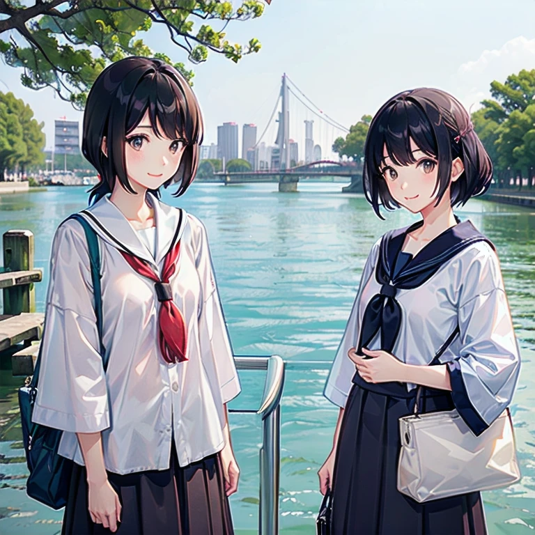 Two Japanese women taking photos in a park along the Sumida River in Japan、She is a 27-year-old woman.、Loose, Fluffy short hair and lob hair、One is a 31-year-old woman with small breasts and a dark brown lob、the two are having fun、small 、small、Modest chest、Street Snap、Adult Women's Plain Clothes、Sailor suit、cardigan、Pure Emotions、Beautiful woman、Look at me with a smile、Gazing at each other