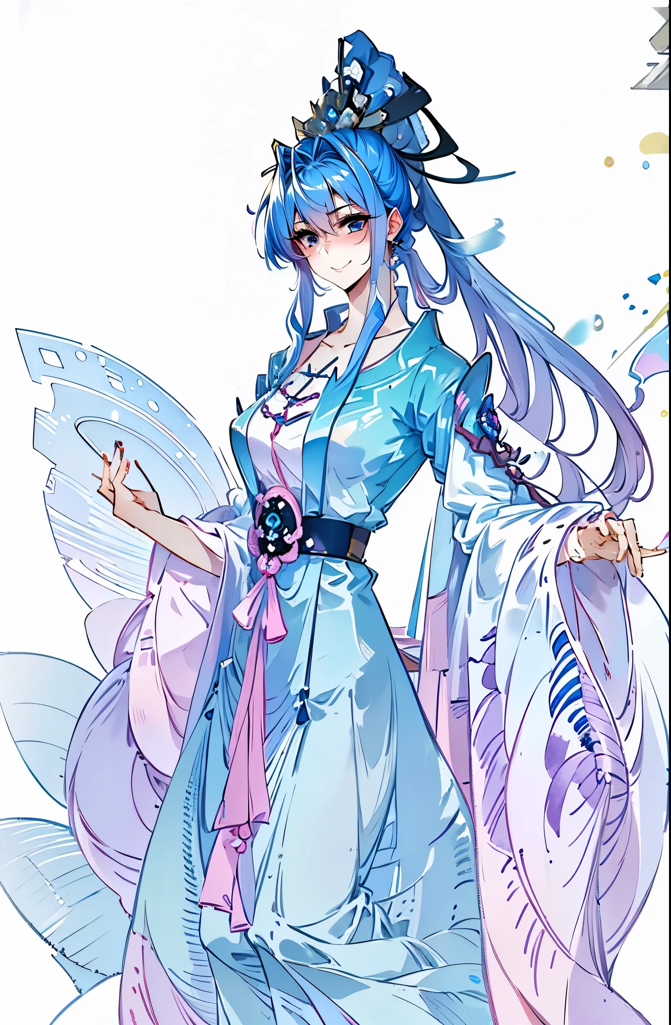 best quality at best, Ultra-high resolution, (((1 girl))),Hourglass figure, Large Breasts, Pink and blue hair, Powder blue highlights，Powder blue hair，light blue hair，Long Pig,Long Pig，Long dispersion，Powder blue eyes，Super thin face, Tattoo，Tattoo，masterpiece, best quality, Smile, Game Fairy, Hanfu, yarn, 飘逸轻yarn, Jewelry, (focus), (((rich and colorful))), Particle Effects , masterpiece, best quality at best, Beautiful painting, meticulous, Very detailed, (masterpiece, best quality at best） CG unified 8K wallpaper，masterpiece，best quality，Extremely detailed）, Ultra-high-definition picture quality，Clear face，Nice hands