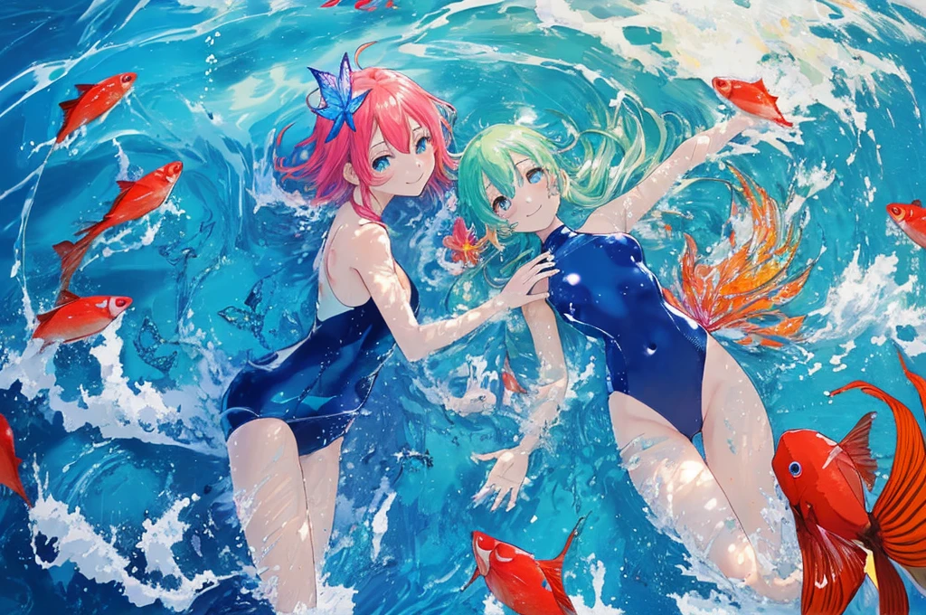 anime、Vibrant colors、In the water、Uplifting、Two beautiful women swimming in the ocean at 100km per hour、Two people facing each other、20 years old、Bright swimsuit、Bright eyes、Sparkling eyes、Large Breasts、An innocent smile、100 vibrant tropical fish、1000 glittering particles、100 butterflies swimming in the water