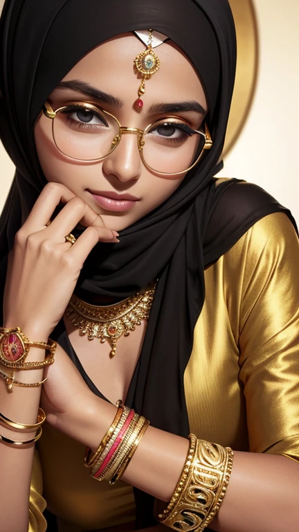 A high school glasses girl model wearing hijab, golden indian bangle and bracelet, golden necklace, golden swiss polo watch, kissing a man, squinting eyes, detailed horny face