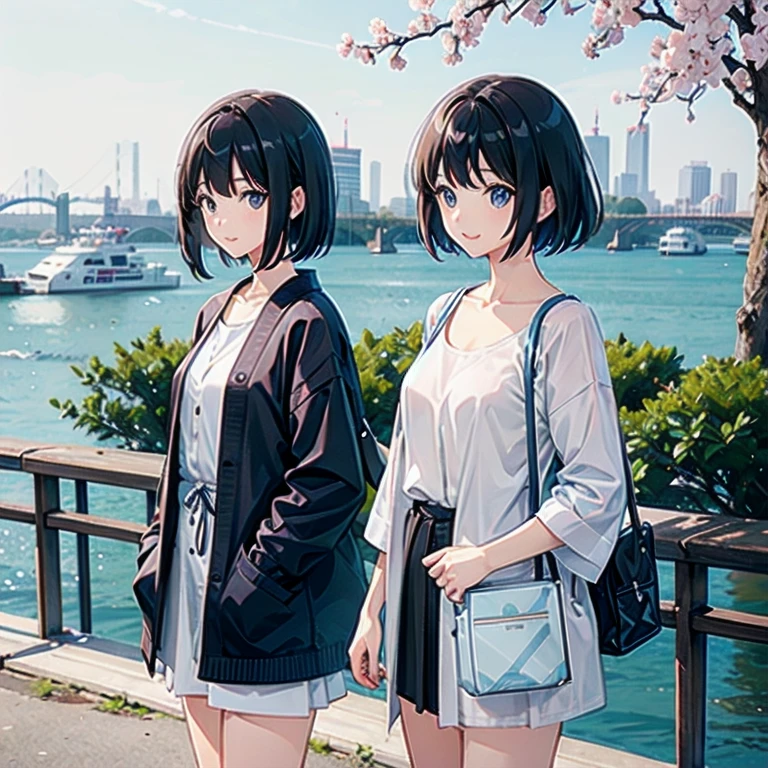 Two Japanese women taking photos in a park along the Sumida River in Japan、She is a 27-year-old woman.、Loose, Fluffy short hair and lob hair、One is a 31-year-old woman with small breasts and a dark brown lob、the two are having fun、small 、small、Modest chest、Street Snap、Adult Women's Plain Clothes、Sailor suit、cardigan、Pure Emotions、Beautiful woman、Look at me with a smile、Gazing at each other、Show your chest、Nipples are visible