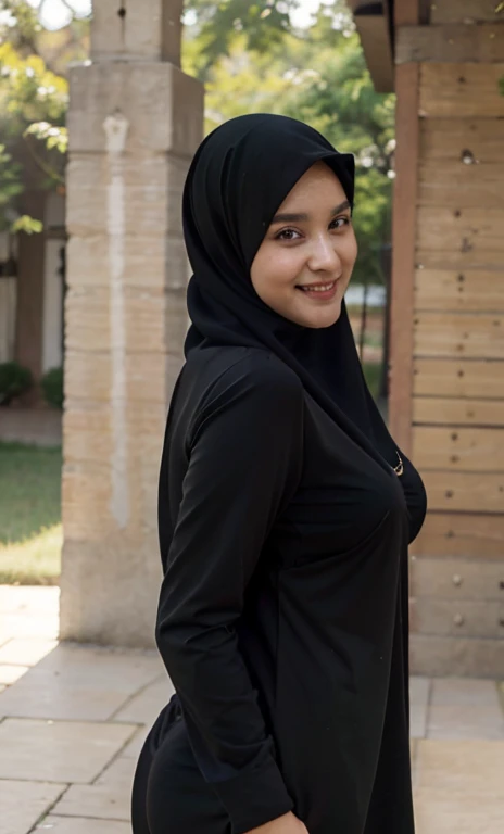 standing, solo, 1girl, mature female, hijab, green eyes, short girl, long hijab, full hijab, fat girl, fat body, beautiful face, cute face, sideboob, large breasts, thigh legs, areola slip, cleavage, leaning forward, huge breasts, curvy, fat, arms down, looking at viewer, blush, parted lips, light smile, long black hair, black colour hair,