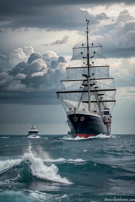 sea, storm, dolphins and ship