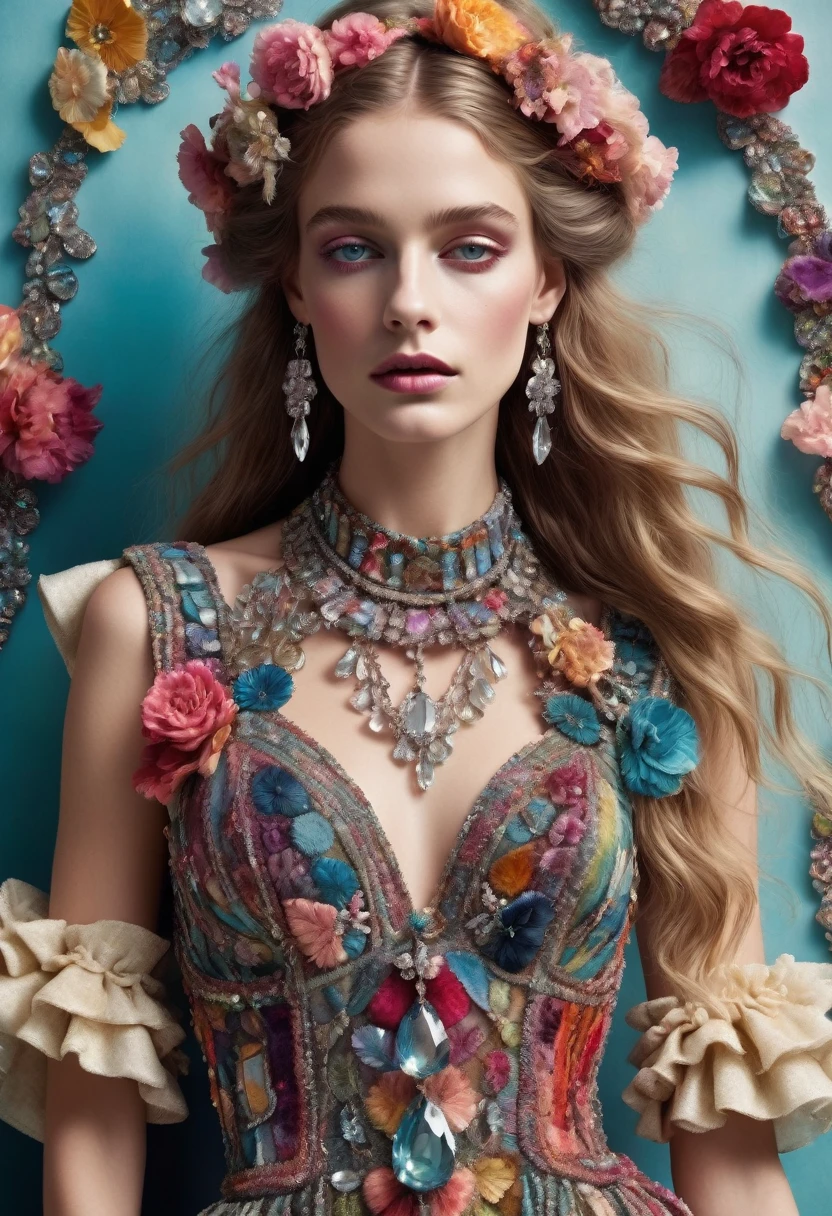 beautiful woman, Bohemian Roman costume, Couture fashion photography,
in the style of Lucy Grossmith, Colorful, Attractive anaglyph compositions,
Bright palettes, play of light and shadow, Patchwork collage aesthetics,
Olivia Gibbs couture, Full Length, Blooming crystals, Sparkling sunlight,
hair, Decorated with crystal beads., styled in loose braids, Couture – intricate velvet dress with ruffles., sparkling diamond necklace, Chain earrings on collar,
Long finale, Bright, Live, color;, Fashion magazine style,
in Chanel style, Super detailed