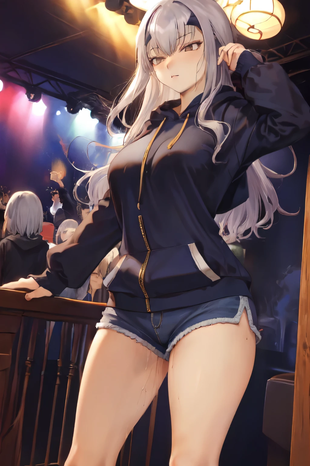 masterpiece, highest quality, 1 person,( Large Breasts,Blue hoodie, Are standing, View Audience,Dolphin Shorts,),Detailed Background、A person who writes in detail、Accurate human body、Knowledgeable person、Five correct answers、Mature Woman,Thighsが太い,cruvy body,Melusine, (Brown eyes:1.5), Long Hair, ((Gray Hair)), Side Lock,Long sleeve、Knee socks、Thighs、白いKnee socks、solo,pussy juice stain