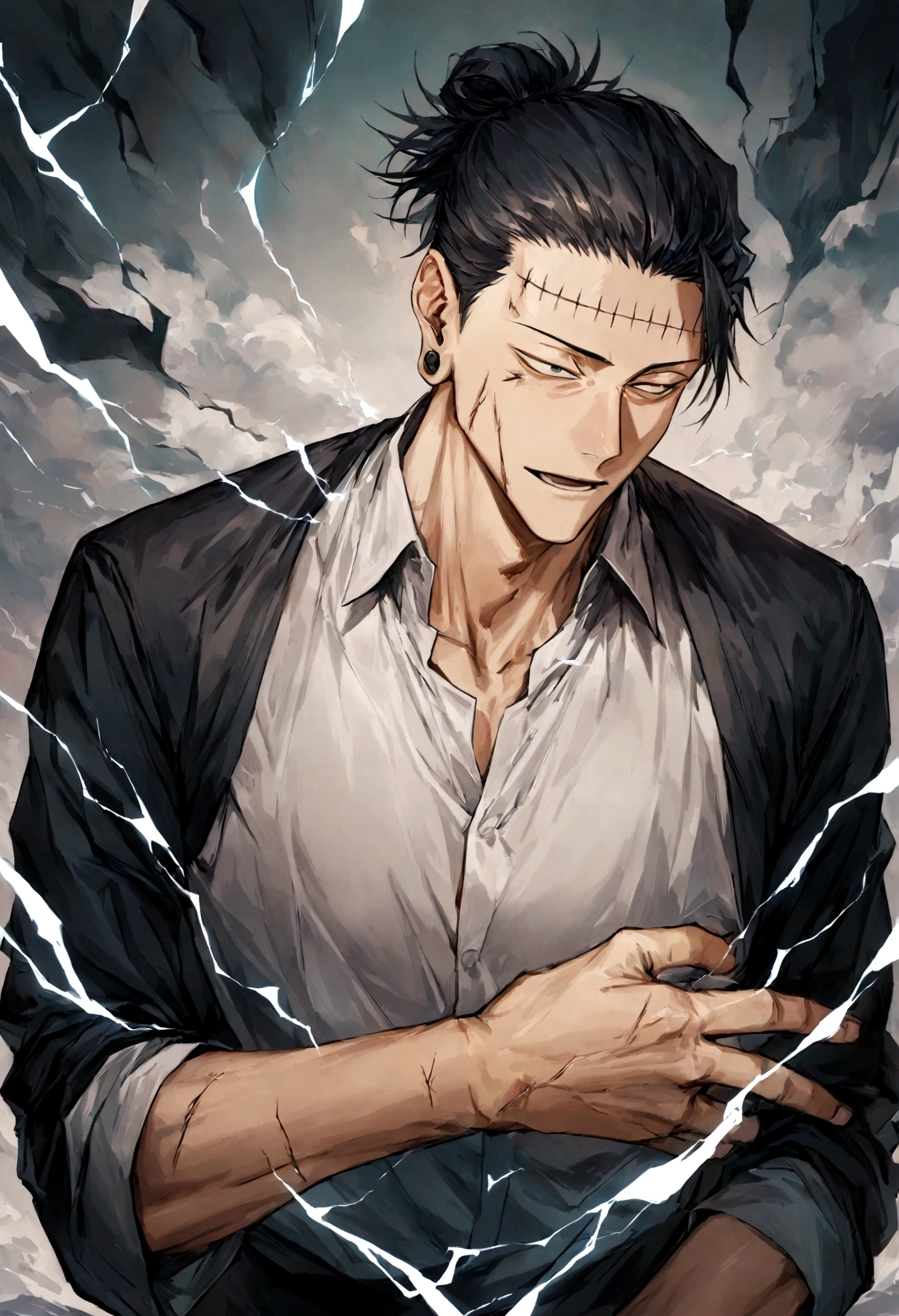 1 boy, Men&#39;s Center, Satoru gojou,Jujutsu Kaisen、Injury, electricity,, masterpiece, highest quality, so beautiful,stitch on forehead