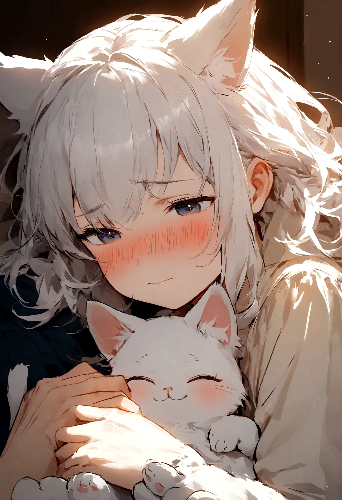 A cute little cat, White hair, Lying on another boy&#39;s lap. Catboy blushed.，An embarrassed expression appeared on his face. The focus of the picture is a close-up of the cat boy&#39;s face. Images should be cartoon-style，To enhance the cuteness and fun of the scene. Image quality should be a masterpiece, With high-resolution details and lifelike colors. Cat boy&#39;s eyes are covered, Showing embarrassment by resting your head on another boy&#39;s lap. The lighting should be soft、warmth, Highlight the characteristics of the cat boy and create a comfortable atmosphere.