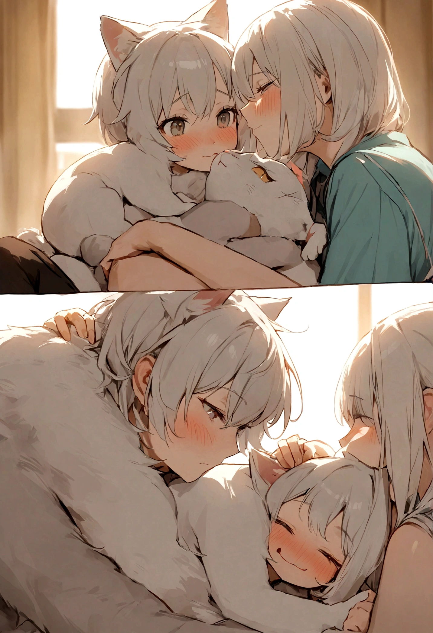 A cute cat, White hair, Lying on another boy's lap. Catboy blushed.,An embarrassed expression appeared on his face. The focus of the picture is a close-up of the cat boy's face. Images should be cartoon-style,To enhance the cuteness and fun of the scene. Image quality should be a masterpiece, With high-resolution details and lifelike colors. Cat boy's eyes are covered, Showing embarrassment by resting your head on another boy's lap. The lighting should be soft、warmth, Highlight the characteristics of the cat boy and create a comfortable atmosphere.