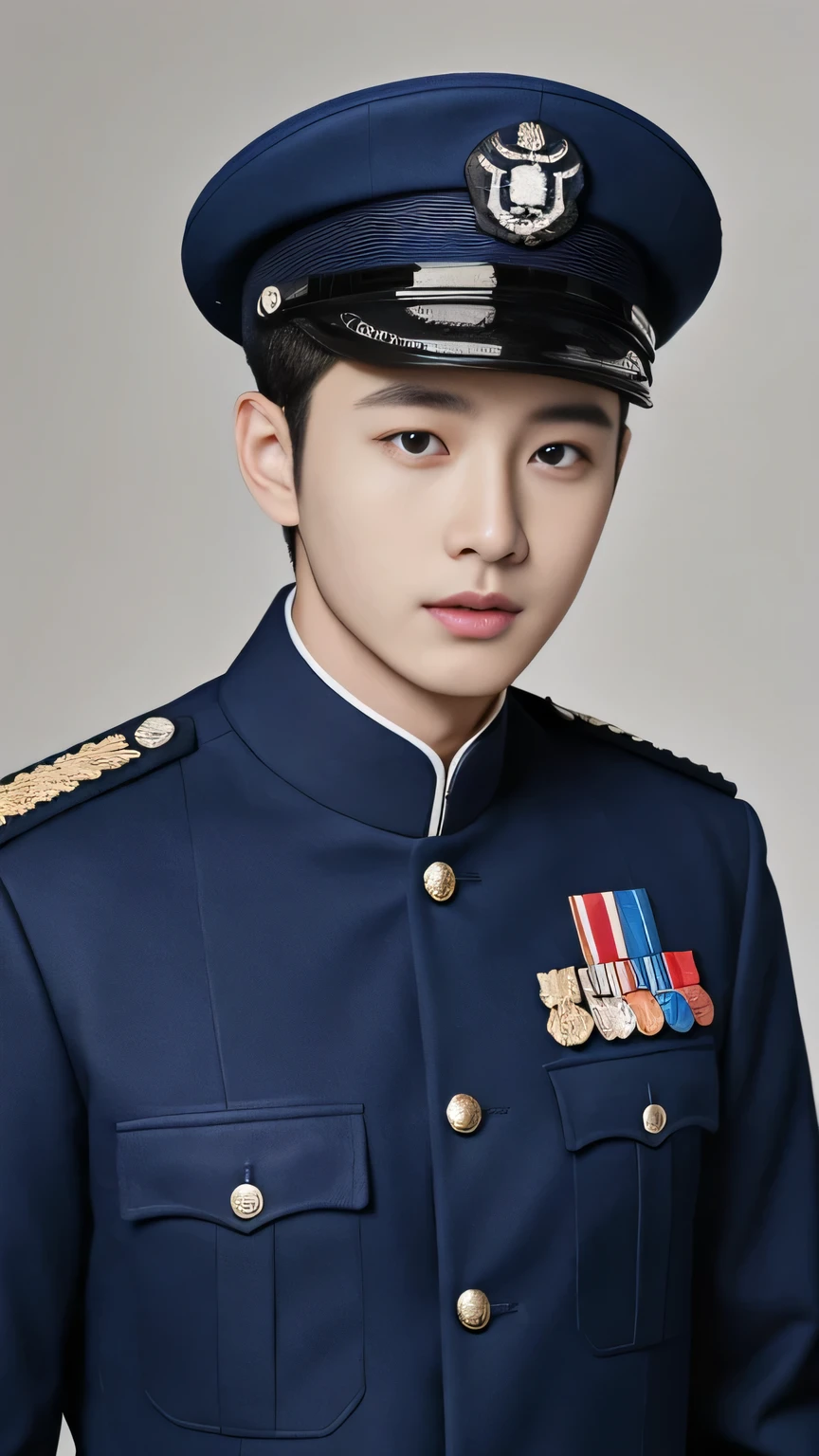 arafed man in a Uniform posing for a picture, wearing Uniform, wearing a Uniform, Uniform, military uniform, in Uniform, uniform, cai xukun, Embroidered uniform guard, Wearing military uniform, yanjun chengt, Wearing full uniform, officer uniform, Unified background, Wearing a general\of,Naval uniform,Close-up photo,