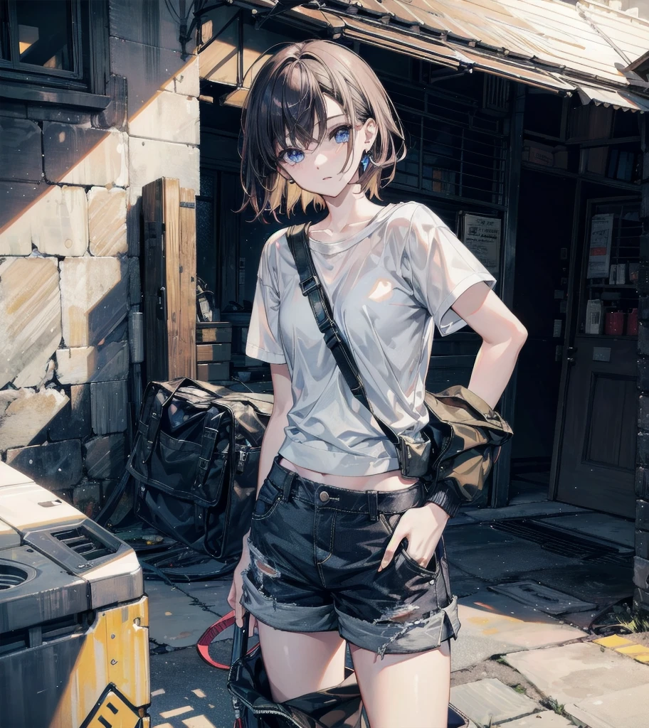 cargo pants, ((shorts)), absurdres, RAW photo, extremely delicate and beautiful, masterpiece, Best Quality, ultra high resolution, 32k, hyperrealistic, ultra-detailed, detailed description, perfect anatomy, pale skin, 20 years old, detailed beautiful face and eyes, tearful mole, earring, short medium hair, wavy hair,