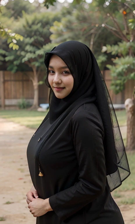 standing, solo, 1girl, mature female, hijab, green eyes, short girl, long hijab, full hijab, fat girl, fat body, beautiful face, cute face, sideboob, large breasts, thigh legs, areola slip, cleavage, leaning forward, huge breasts, curvy, fat, arms down, looking at viewer, blush, parted lips, light smile, long black hair, black colour hair,