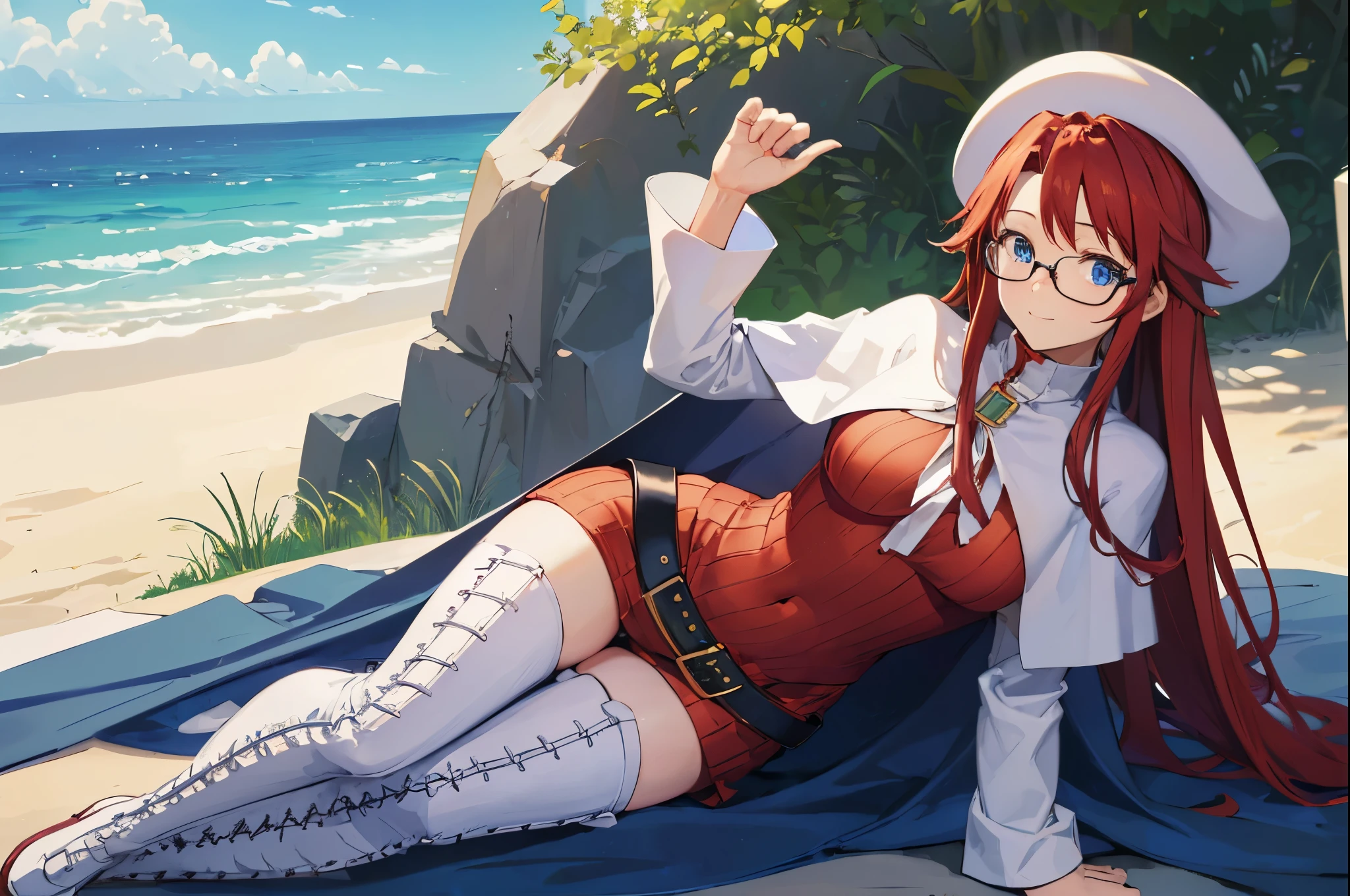 summonnightaty, aty, (young:1.3),long hair, blue eyes, red hair, big_berets, hat, glasses,
BREAK long hair, thighhighs, hat, dress, naked_legs, glasses, belt, cape, sweater, zettai ryouiki, beret, thigh boots, white footwear, ribbed sweater, loose belt,solo,
BREAK outdoors, fantasy,on_beach,
,Highquality_hads,perfect_fingers,
BREAK (masterpiece:1.2), best quality, high resolution, unity 8k wallpaper, (illustration:0.8), (beautiful detailed eyes:1.6), extremely detailed face, perfect lighting, extremely detailed CG, (perfect hands, perfect anatomy),covered_nipples,covered_navel ,half_eyes,long_sword,sleepy,standing,red_sweater,apart_knees,magical_effect,spread_legs, have_a_book,teacher,rise_knee,Smile,rise_hand,look_down_viewer,spread_arms,sea​_waves,looking_into,blue_sky,sitting