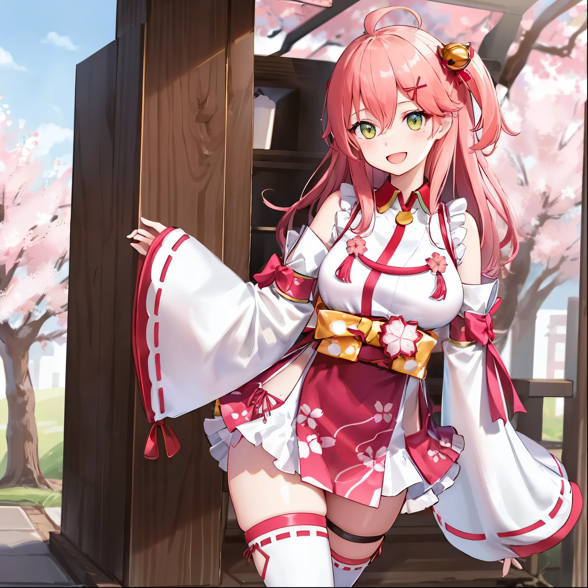masterpiece, best quality, highres, miko1, sakura_miko, 1girl, big_boobs, solo, ahoge, x_hair_ornament, pink_hair, floral print, hairclip,(side_less_clothes:1.5), (side_boobs:1.5), hair_bell, floral print, long_hair, hair between eyes, one side up, white thighhighs, asymmetrical legwear, wide sleeves, open_mouth,(happy:1.3),gleen_eyes,big_smile,(rise_leg:1.3),plump,apart_legs,(overly_long_sleeves:1.3),),sleeves_past_wrists,hands_hidden_sleeves,sidelock_clothes,dynamic_posing,solo,hidden_wrists,(XD:1.4),covered_nipples,sunlight,cherryblossom_background,