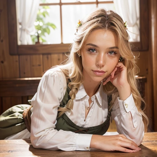 Realistic photo of a beautiful 18 year old m1l3yc, (best quality,ultra-detailed,realistic:1.2),beautiful detailed eyes,beautiful detailed lips,blonde hair, 
young beautiful blond german woman wearing dirndl, oktobefest cloths, classy shoes and jewelry, table with beer and white sausages, sweet mustard and pretzels, very realistic phtograpy, photoreal. 