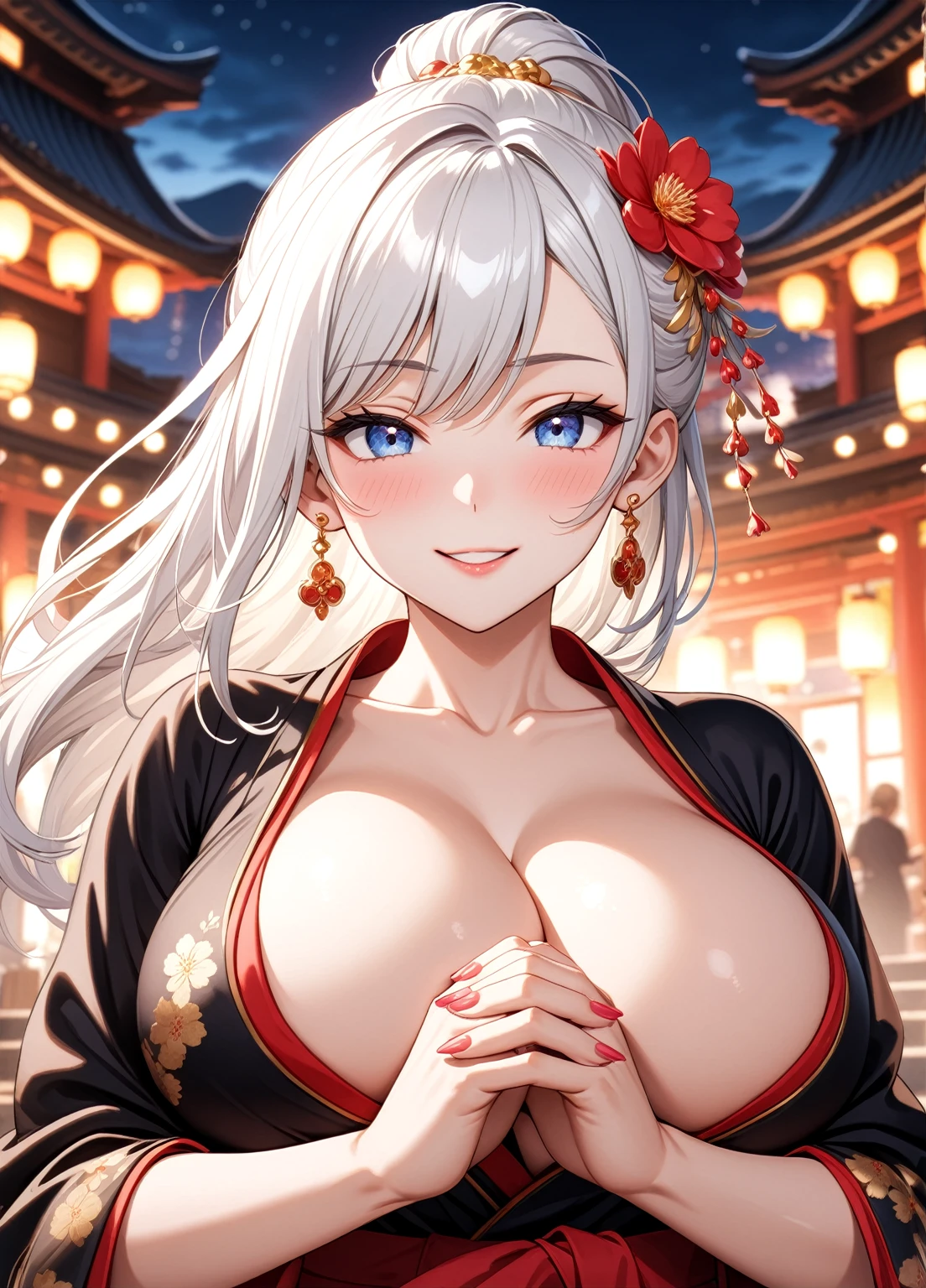 ((one personの女性)), Beautiful Face,Laugh shyly,((Wink:1.7)),Laughing with your mouth open,turn bright red,Glossy pink lips,night,Shrine festival sexpensives,((Anime style background)),masterpiece, highest quality, so beautiful, Latest, Complex details, (Pink long nails),AI-generated, Complex,High resolution, highest quality, super high quality,3D Images、View your viewers、3D Images,one person,Long white hair,High Ponytail,blue eyes,Anime woman posing for a photo, [[fine grain、Colorful eyes、Shining Eyes:1.15]],(Squint your eyes:1.1),a hyperRealistic , hyperRealistic , Realistic,Anime woman with long and white hair, Smooth anime CG art, A woman in a colorful kimono with gold embroidery, (Black kimono),Red floral pattern,Long flower hair ornament,Big earrings,(Big Breasts:1.1),Mature Body,expensive,Big Ass,Fine details,Tight waist,Abdominal muscles,(Face close-up:1.5),Tilt your face,Shooting from an angle,In front of the chest、Hold your hands together,