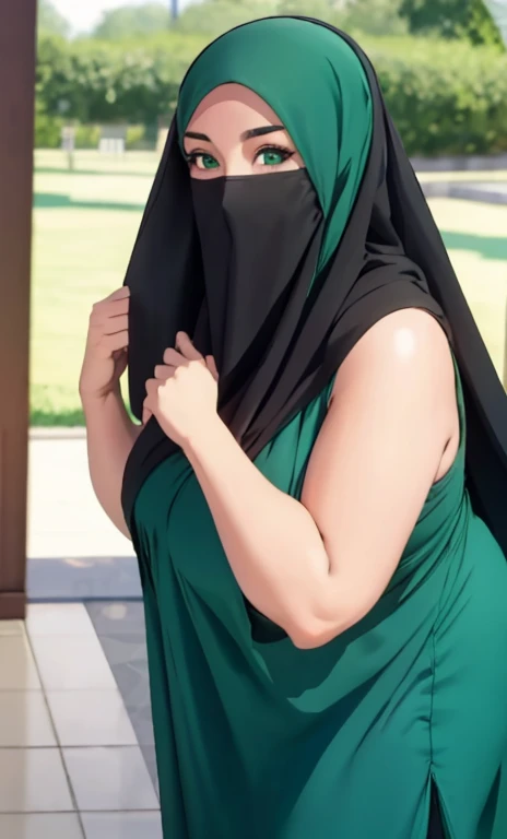 standing, solo, 1girl, mature female, hijab, green eyes, short girl, long hijab, full hijab, fat girl, fat body, beautiful face, cute face, sideboob, large breasts, thigh legs, areola slip, cleavage, leaning forward, huge breasts, curvy, fat, arms down, looking at viewer, blush, parted lips, light smile, long black hair, black colour hair,