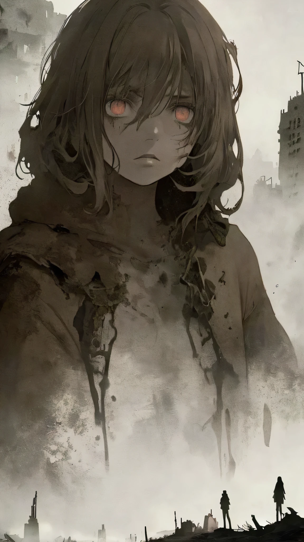 Masterpiece 1.2: In the heart of a post-apocalyptic world, a haunting atmosphere unfolds with a 4K, 8K high-resolution canvas. The scene is ultra-detailed and photorealistic in 1.37 aspect ratio. Shrouded in cinematic lighting, the scene is painted with dramatic shadows, a gloomy desolation that echoes the dystopian beauty of the abandoned city. The colors, muted and moody, reflect the encroaching decline, yet the girl stands out in stark contrast, her beautiful face illuminated by the light. Her eyes, striking in their intensity, full lips, sharp features, and dewy