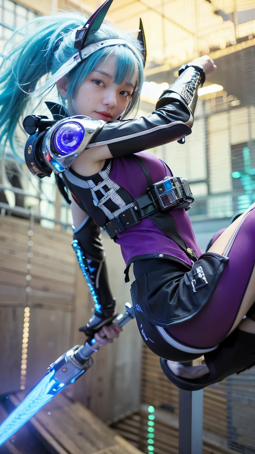 (8k, best quality, masterpiece:1.2), (realistic, photo-realistic:1.37), ultra-detailed,
A detailed portrait of 1 21 year old girl, yellow eyes, blue hair, detail face, pale skin, face facing the camera, wearing a tight outfit with armor, holding twin shadow blades. The scene is illuminated with professional lighting, photon mapping, and radiosity, with Tetsuya Nomura Style and a cyber-futuristic feel. Urban background with blur or bokeh effect, neon details, realistic light.